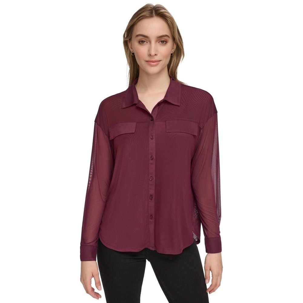 Calvin Klein Top Womens XL Plum Chiffon Long Sleeve Casual Button Up Blouse NWT - Picture 1 of 11